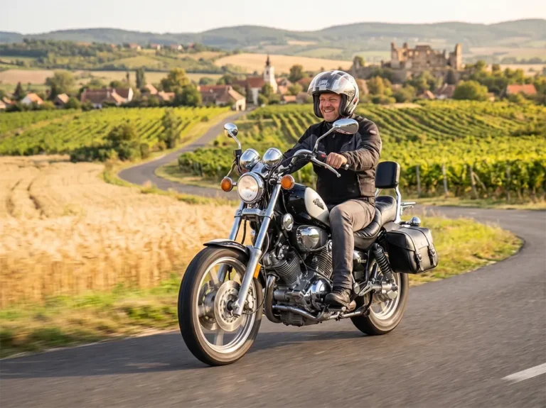 Fehér Yamaha Virago 1100 menet közben az úton - élménymotorozás kilométerkorlát nélkül