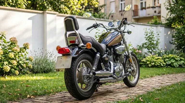 Kertben parkoló fekete Yamaha Virago 1100 - veterán motorbérlés