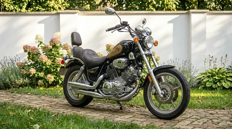 Fekete Yamaha Virago 1100 parkol a fűben - chopper élménybérlés